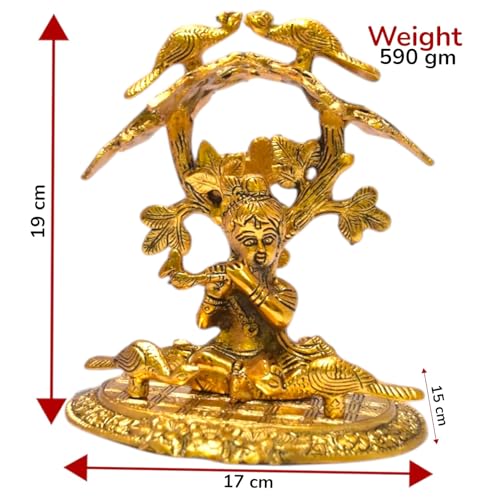 Image of KridayKraft Shri Krishna Sitting Under Tree Laddu Gopal with Playing Flute Metal Statue Showpiece Figurines,Religious Idol Gift Article.