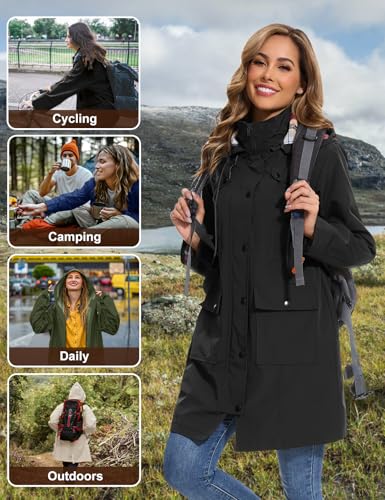 Tuopuda Regenjacke Damen Wasserdichte Übergangsjacke Lange Regenmante Windbreaker Jacke Leicht mit Abnehmbare Kapuze Regenparka Atmungsaktiv für Frühling Sommer Herbst, Schwarz, M