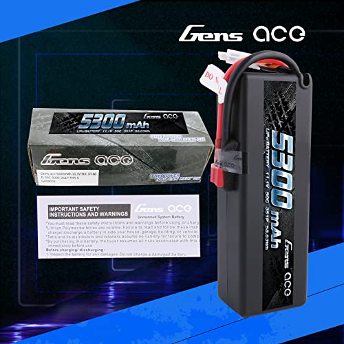 Gens Ace 11.1V 50C 5300Mah 3S Hardcase Lipo Battery15# With Deans Plug For Rc Car Boat Traxxas Vaterra Aquacraft Associated Axial Duratrax, Ecx, Exceed Hpi Helion Hot Bodies Kyosho Losi Ofna #TOP6