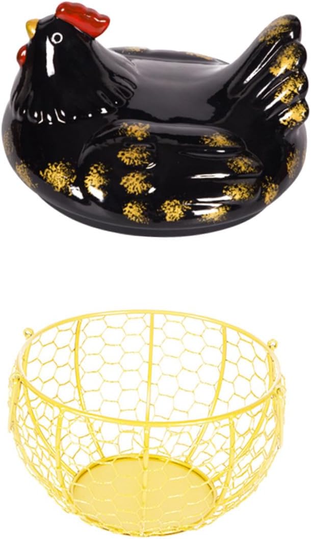 Uonlytech Iron Art Egg Basket with Chicken Lid Black and Gold Metal Wire Egg Holder for Kitchen Storage Suitable for Countertop and Pantry Organization