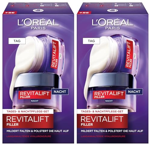 L'Oréal Paris Gesichtspflege Set, Anti-Aging Hyaluron Tagespflege und Nachtpflege gegen Falten, mit Micro-Filler Hyaluronsäure, Revitalift Filler, 2 x 50 ml (Packung mit 2)