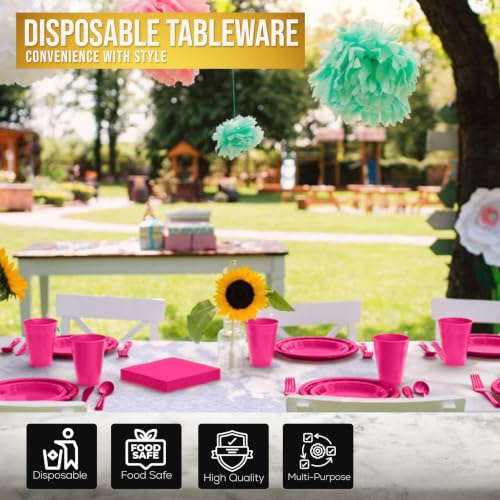 Image of Exquisite 350 Pcs Hot Pink Plates and Napkins Party Supplies Plate Sets | Sturdy Plastic Dinnerware Set With 9 inch & 7 inch Plates, 12 Oz Cups, Lunch Napkins and Cutlery Serves 50 for Birthdays & Everyday