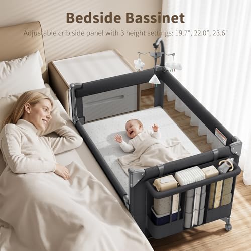 Image of 4 in 1 Baby Bassinet, One-Push Setup Pack and Play, Bedside Crib Sleeper with 3 Height Adjustable，Diaper Changer, Come with Comfy Mattress, Rotating Toy Bar, from Infants to Toddlers (Black)