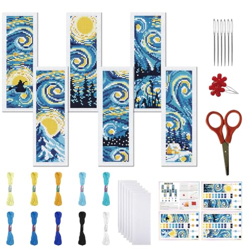 Image of FREEBLOSS 6 Set 11CT Cross Stitch Bookmarks Kit Starry Sky Stamped Cross Stitch Kit DIY Embroidery Bookmark Set with Instruction for Adults Beginners Gift for Reading Enthusiasts 20x6cm /8x2.4inch