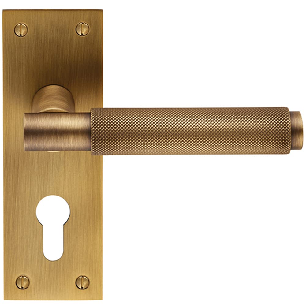 Pair Knurled Round Lever on Slim Euro Lock Backplate - 150 x 50mm- Antique Brass | Designer Lever on Backplate Door Handle - Internal Door Hardware - Lock, Euro, Oval and Latch Options Available