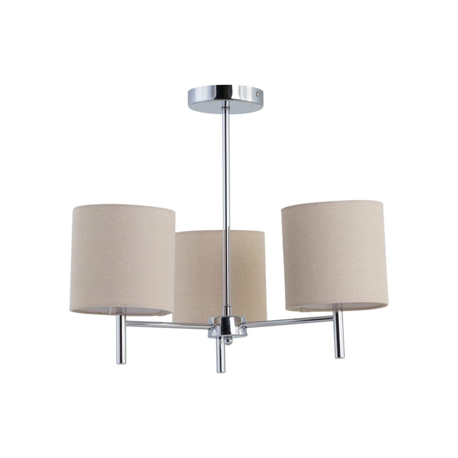 Firstchoicelighting Chrome & Natural Brea Chrome Ceiling Light Fitting With Natural Linen Shades, Led Compatible, Modern Semi Flush Design
