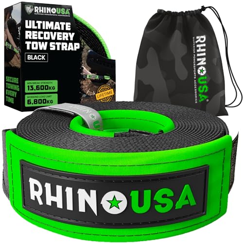 Rhino USA Abschleppgurt (7,6 cm x 9,1 m) - 13.600 kg Bruchfestigkeit - Notfall-Wiederherstellungsstrap für Truck, UTV, ATV - Abschleppseil - Schwerlast-Abschleppgurt für Offroad 4X4 Nutzung - Schwarz