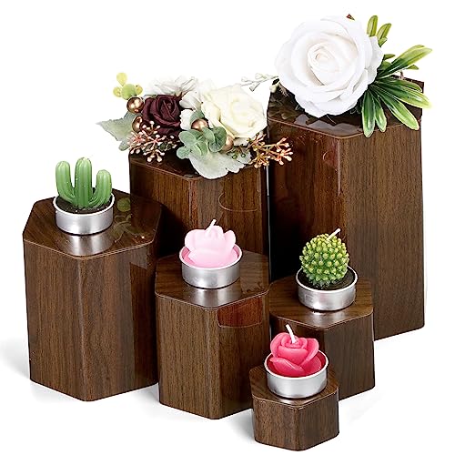 Image of Jetec 12 Pcs Hexagonal Jewelry Display Risers Hexagonal Market Display Risers Stands Acrylic Showcase Acrylic Stand for Jewelry Model Figures Decoration, 6 Sizes (Brown)