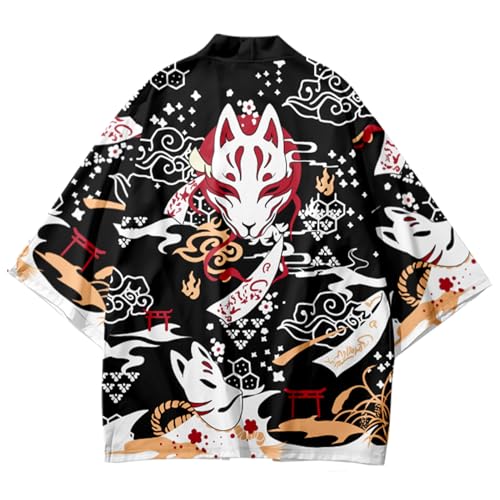 Image of DOSLAVIDA Men's Japanese Kimono Cardigan Suit Chinese Style Printed Jacket Pants Set Open Front Seven Sleeve Top & Shorts