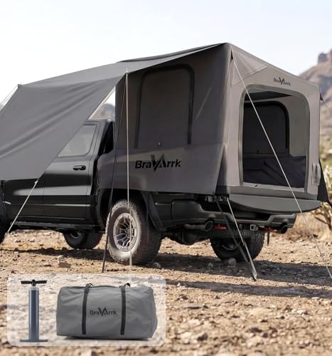 BravArrk Inflatable Truck Bed Tent with Detachable Zippered Awning, Pickup Truck Tent for 5.5ft-8ft Bed, 2 Mins Fast Setup Blow Up Tent for Truck, PU3000 Waterproof Truck Tent for Camping
