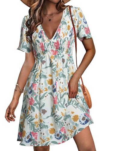 Image of Simplee Womens Summer Casual V Neck Dress Sexy Short Sleeve Mini Sundress Boho Western Empire Waist Pocket Dresses 2026