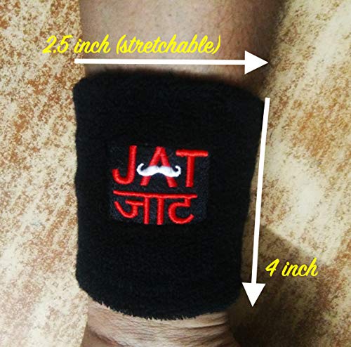 Image of Cotton Play2Fit 2 Wristband (1 Pair) Soft Sweatband For All Sport, Stretchable, Sweat Absorbent Supports Wrist Made In India (Jatt Embroidery, 4 Inch, Black, Red)