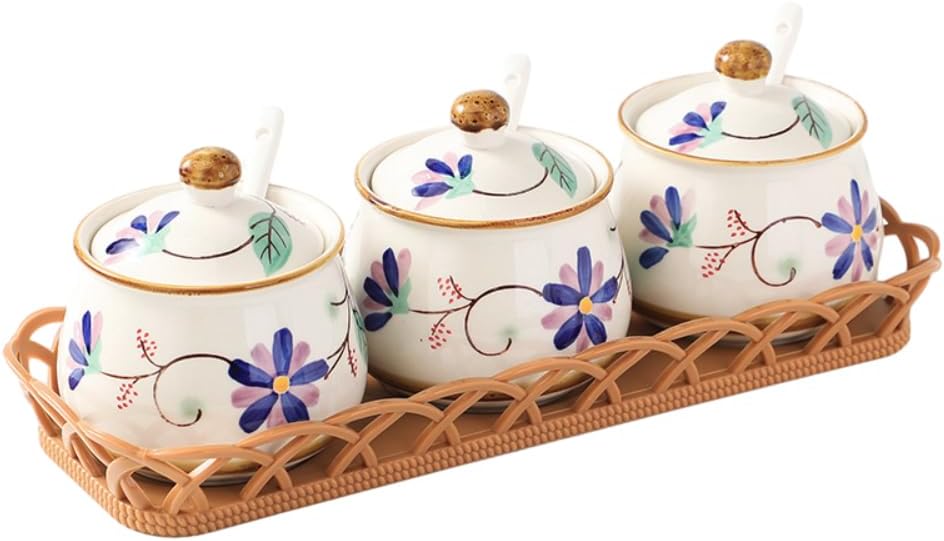 Ceramic Salt Sugar Bowls Set, Set of 3 Condiment Pots Seasoning Jar Spice Container with Lid Spoon and Tray for Home Kitchen Counter, Dishwasher Safe (Red)