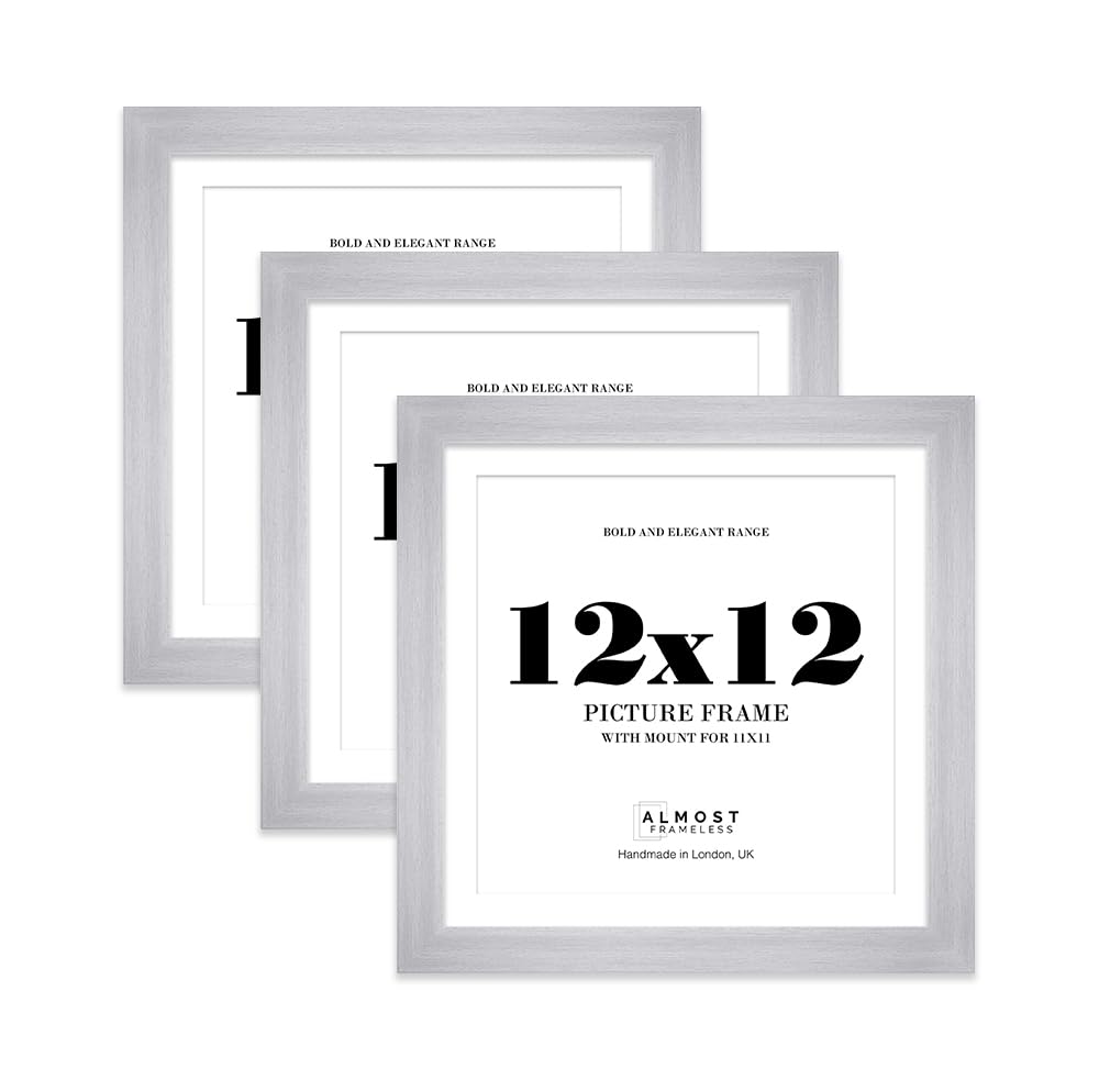 12x12" Silver Square Frame With Mount for 11x11" Pictures 28mm Edge Frame Display with Wall Hooks and Kickstand, 3 Pack
