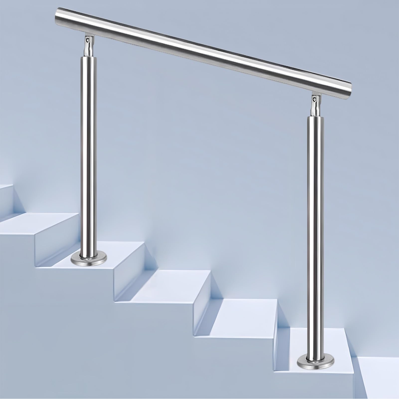 GHFXSCV Adjustable 304 Stainless Steel il for Indoor/Outdoor Use - Round Pipe Railing with 2 Metal Balustrade Posts & Fittings 95cm Height Transitional Guardrail Design