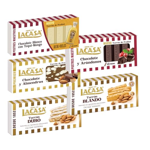 Pack Surtido 5 Turrones Lacasa:Blando, Cacao y Almendras, Chocolate Blanco con Tequi Mango, Chocolate y Arándanos, Duro