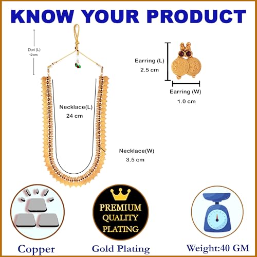Image of ZENEME Jewellery Set Gold Plated Long Traditional Maharani Beads Studded Temple Coin Necklace Set with Earrings Jewellery For Women & Girls