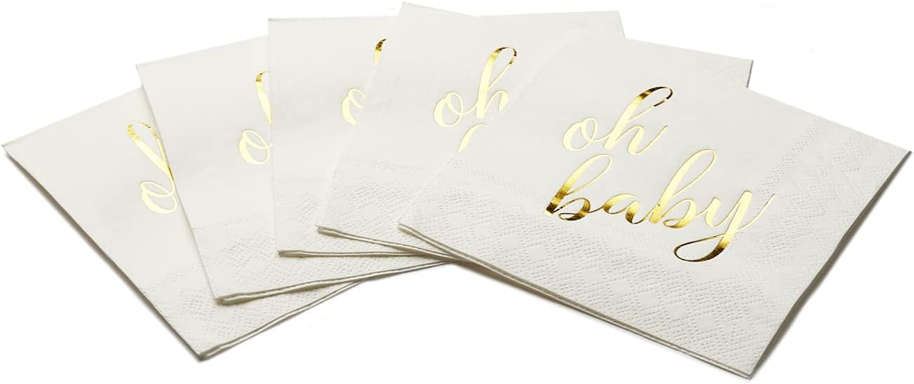 100 Pcs "Oh Baby" White Napkins - 3-Ply White and Gold Cocktail Napkins Baby Shower Party Supplies - Eco-friendly Party Napkins for Dessert Beverage & Table Decorations