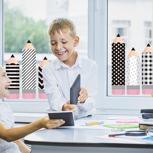 Image of Whaline 9 Sheet Black White Pencil Window Clings Back to School Pencil Plaid Stripe Wave Point Window Decals Double-Sided Reusable Glass Decor for Classroom Wall Glass Blackboard Decor