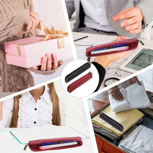 Image of Psyqtsuary Leather Pencil Case, 2 Pcs Slim Small Pencil Pouch Portable Flat Pen Pouch with Zipper Simple Makeup Bag Lipstick Case for Women Men Home, Office, Travel Outdoor (Black, Claret)
