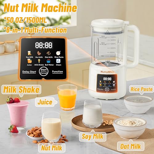 NuttyWhiz 8-in-1 Nut Milk Maker, 12 Stainless Steel Blades 50oz - No Soak, Self-Clean, Delay Start & Keep Warm, for Almond/Soy/Oat Milk, Smoothies, Shakes - Plant-Based Dairy Free for Family & Party by NUTTYWHIZ - Image 3