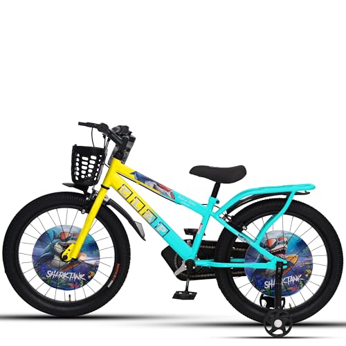 Image of Shark Tank 20 Inch Kids Bicycle with Training Wheels, Front Basket, Water Bottle, Rear Carrier & Full Chain Cover for Boys and Girls Ages 7-9 (Yellow /Sea Blue)