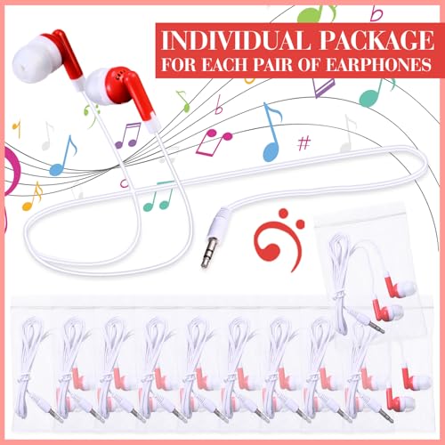 Image of Konohan 100 Pcs Bulk Earbuds with Wire Basic Headphones in Ear for Libraries Laptop, No Microphone 3.5 mm Jack Earbuds Dot Headphones, Individually Bagged (Red)