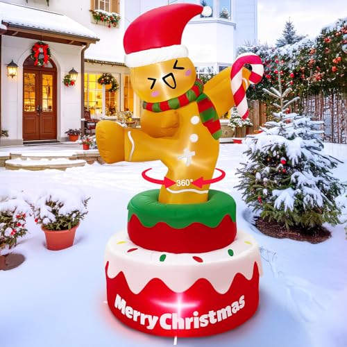 GUDELAK 5 FT Rotating Christmas Inflatables Outdoor Decorations, Gingerbread Inflatable with Candy Cane & Xmas Hat, Christmas Blow Up Yard Decorations Built-in LED Lights for Garden Lawn Party Decor by GUDELAK - Used condition - US$23.23