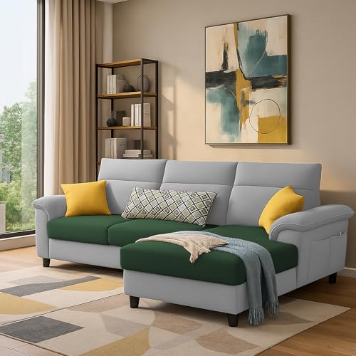 Image of Casaliving Seams RHS 4 Seater L Shape Sofa for Living Room (Green Grey Fabric) Premium Fabric Sofa