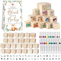 Aisharery 117 Pcs Baby Shower Blocks to Decorate Game Kit Includes 52 Wooden Blocks 24 Markers 1 Game Sign 40 Templates to Paint