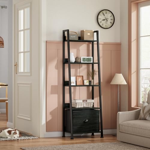Image of Furologee 5-Tier Ladder Shelf, Narrow Ladder Bookshelf with Drawer, 55.6 inchTall Industrial Bookcase Storage Rack Organizer, Freestanding Storage Shelve for Living Room, Home Office, Bedroom, Black Oak