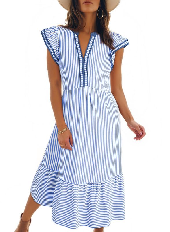 Dokotoo Womens Summer Dresses 2026 Beach V-Neck Ruffle Cap Sleeve Empire Waist Pockets Striped Dress Flowy Midi Maxi Dress Light Blue Dress Women Large