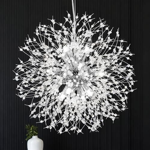 Qamra Modern Crystal Chandeliers, Chrome Firework Dandelion Sputnik Chandelier Light Fixture Pendant Lighting for Dining Room, Bedroom, Kitchen, Living Room(9-Light, Chrome)