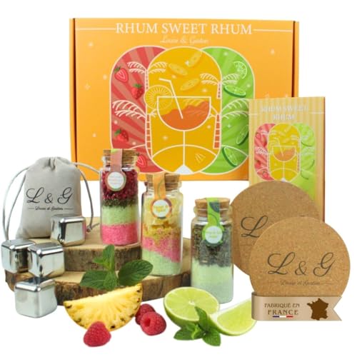 L&G - Coffret Rhum Arrangé “RhumSweetRhum” | Kit Fabrication Maison avec Épices Naturelles | 3 Fioles Saveurs Exotiques + Glaçons + Dessous de Verre |...