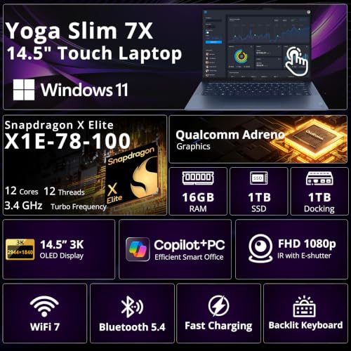 Image of Lenovo Yoga Slim 7X 14.5'' 3K OLED Copilot+ PC Touch Laptop, Snapdragon X Elite, 16GB LPDDR5X, 2TB Storage(1TB SSD +1TB Docking Station), Adreno Graphics, Wi‑Fi 7, Backlit Keyboard, Win11, Blue