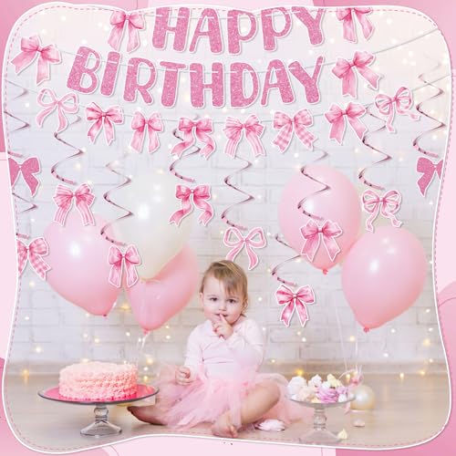 Image of Pink Bow Birthday Decorations, Banner And Hanging Swirls, 45 Pcs | Pink Bow Theme, Pre-Assembled Banner, Sturdy Cardstock, Reusable, For Girls And Women Birthday Parties