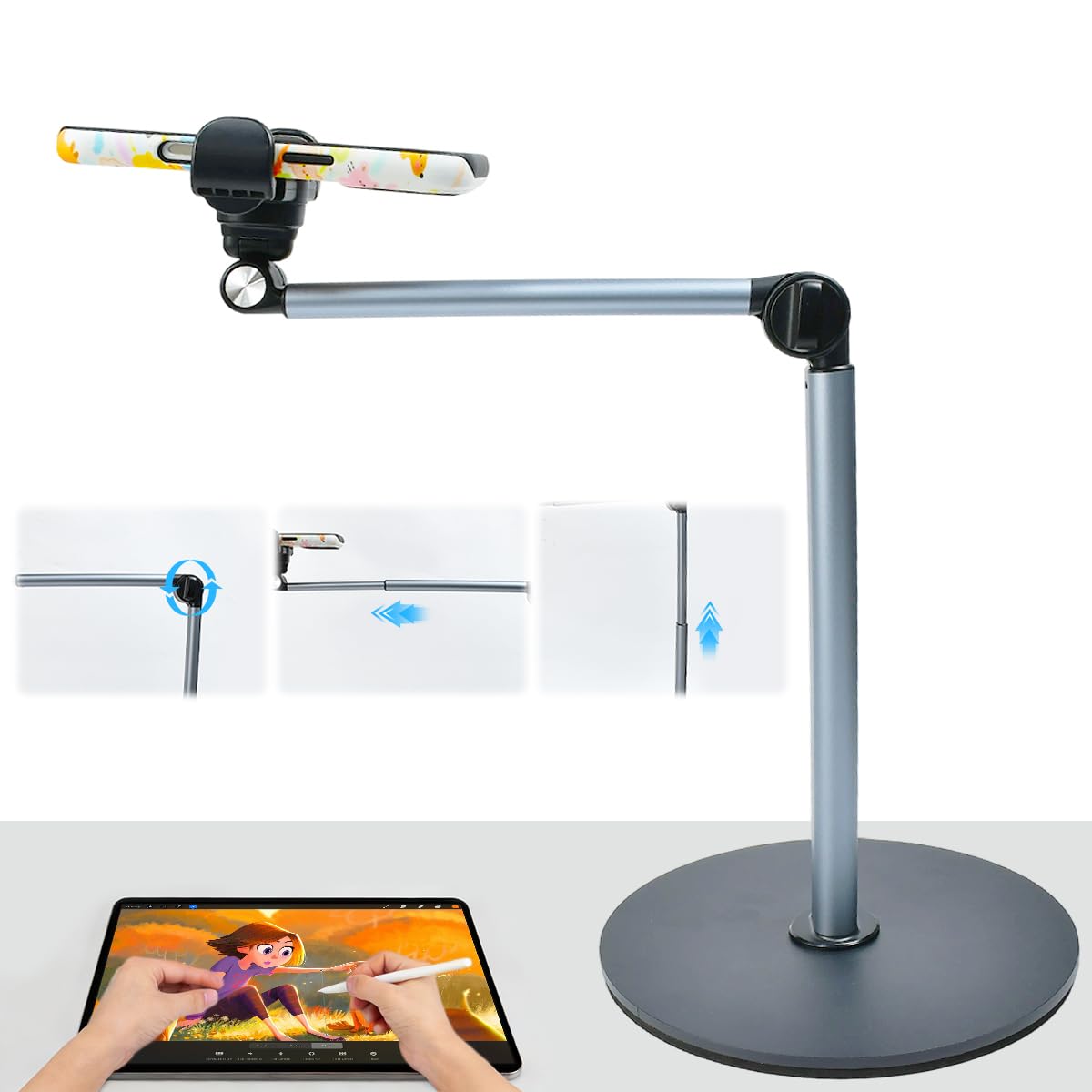 Supporto da Tavolo per Telefono Cellulare Supporto per Telefono con Braccio Telescopico e Rotazione di 360° PortaCellulare per Video con Robusta Base per Riprese Fotografiche Piatte Livestream