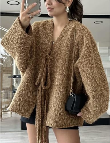 Wyeysyt Womens Fuzzy Tie Front Jacket Oversized V Neck Long Sleeve Causal Coat Bow Furry Jacket Outerwear(Khaki-L)2