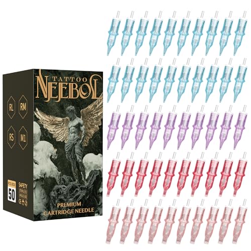 Neebol 50Pcs Tattoo Cartridge Needles Assorted Mixed Sizes - #12(3/5/7/9RL、5/7RS、7/9/15RM、15M1) - Professional Tattoo Needles Cartridges for Lining & Shading Disposable Membrane for Tattoo Pen