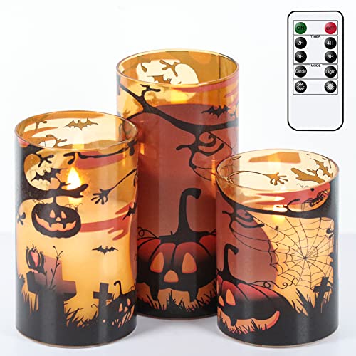 Image of GenSwin Halloween Candles with Pumpkins, 3 Pack Flameless Candles with Remote Timer, Orange Pumpkin Glass Candles Battery Operated with Spiderweb, Halloween Spooky Indoor Decorations (D3 inch x H4 inch5 inch6 inch)