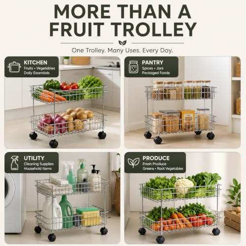 Image of TUNIS 2 Tier Stainless Steel Wire Storage Basket Trolley |Fruit & Vegetable Trolley with 360 Moving Wheels| Rack for Kitchen, Fruits, Vegetables & Grocery Storage, Movable Organizer Cart