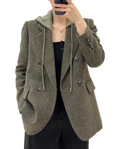 Plaid Blazer Jacket for Women 2024 Fall Winter Green Hoodie Hooded Hoodies Houndstooth Double...