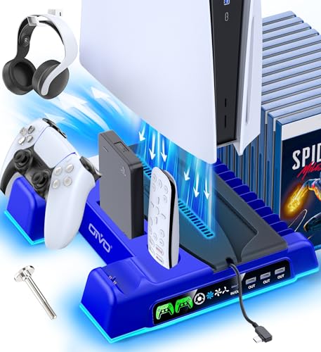 Image of PS5 /Slim /Pro Stand and Cooling Station with LED Controller Charging Station for PlayStation 5 Console, Controller Charger, Cooling Stand, PS5 /Slim /Pro Skin Accessories Kit with 3 Level Cooler Fan