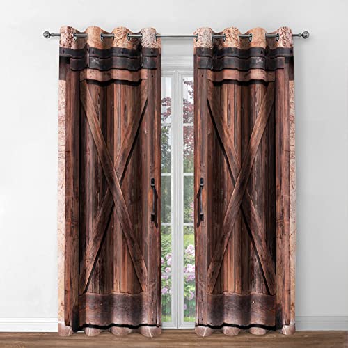 Jekeno Rustic Wood Blackout Curtains Farmhouse Vintage Brown Wooden Barn Door Decor Home Bedroom Living Darkening Grommet Window Drapes 2 Panel Set, 42"x63"