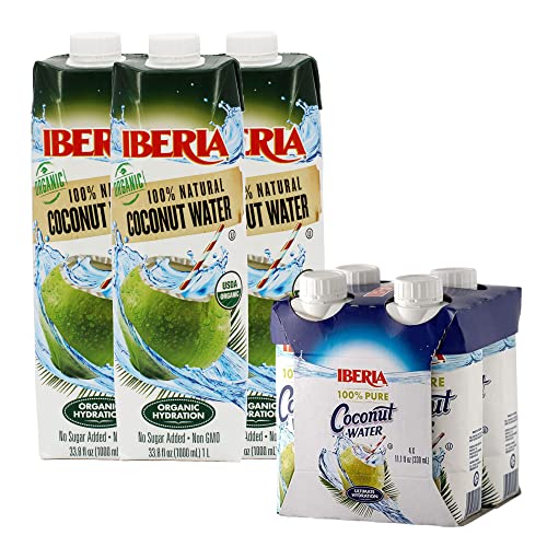 Image of Iberia 100% Pure Organic Coconut Water, 1 Liter, 33.8 Fl Oz (Pack of 3) + Iberia 100% Natural Coconut Water 11.1 Oz (Pack Of 4)