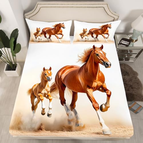 Loussiesd Juego de ropa de cama individual con diseño de caballo galopante, sábana bajera ajustable para niños, diseño de vaquero salvaje occidental, decoración de habitación, funda de cama de granja