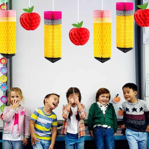 Image of 12Pcs Back to School Hanging Honeycomb, Pencil Apple Classroom Hanging Decorations (Classic)