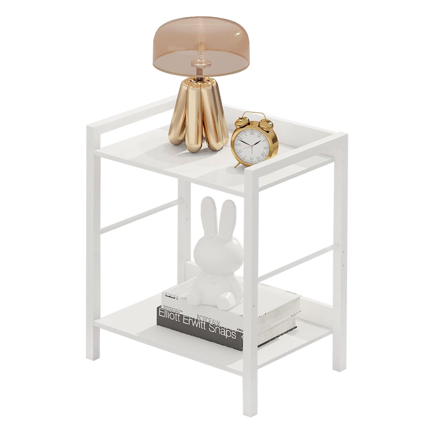 Side Table, Small End Table 17 inch, Narrow Nightstand Bedside Table, Sofa Entryway Table, Coffee Table, with White Metal Frame, for Bedroom, Livingroom, Bathroom - White