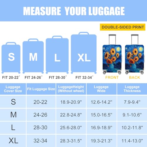 Image of Van Gogh Sunflowers Luggage Cover - Artistic Suitcase Protector with Starry Night and Vase Design - Fits 28-30 Inch Travel Luggage,L
