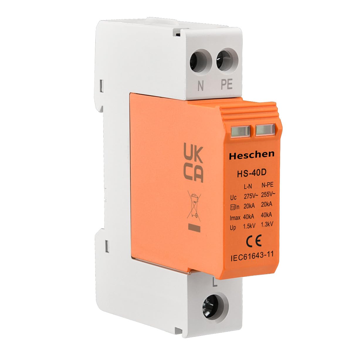 Heschen Surge Protective Device SPD, HS-40D, 275VAC 20KA, 1+NPE, L-Line Down, Fire-Proof, Low-Voltage Arrester, 35mm DIN Rail Mounting